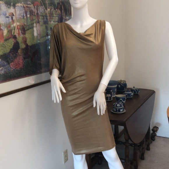 BCBGMAXAZRIA Gold Abrial Asymmetric Dress Extra Small - Picture 3 of 8